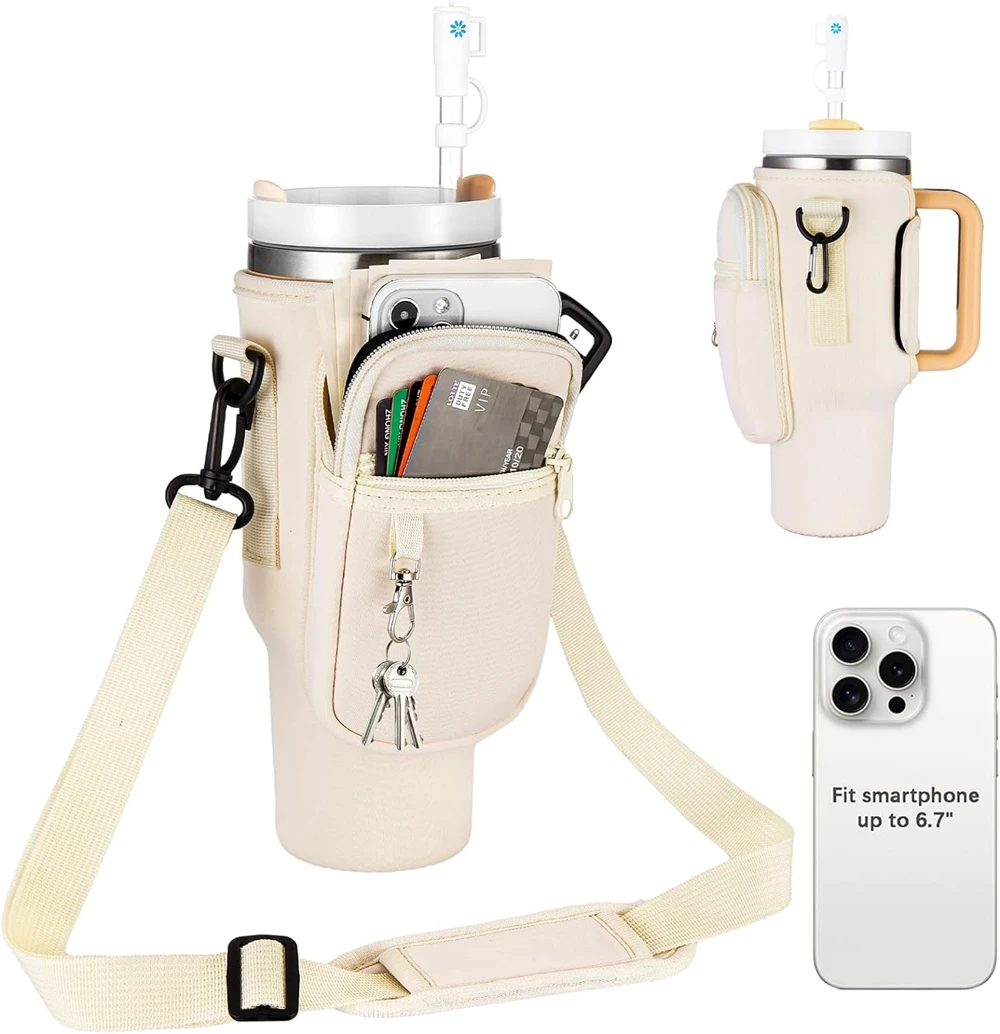 40oz Neoprene Water Bottle Carrier Bag Adjustable Shoulder Strap Water Bottle Holder Pouch For Stanley Quencher Cup Sleeve 