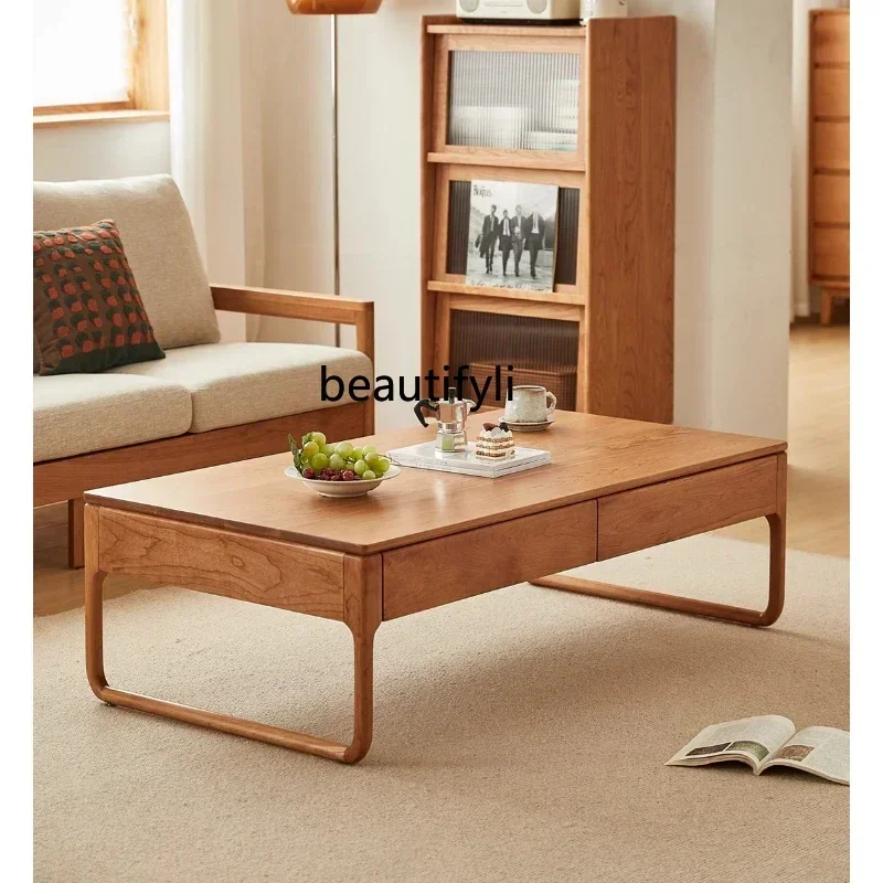 

60.Nordic all solid wood coffee table cherry wood living room tea table square table TV cabinet combination