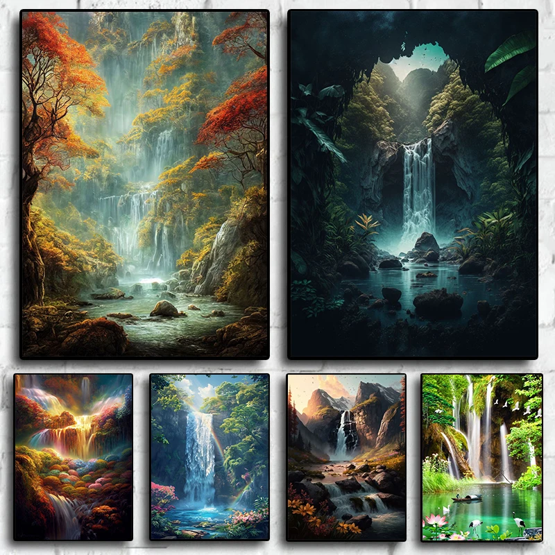 Natural Waterfall Paradise Green Mountain Forest Lake Landscape Poster Canvas Painting Wall Art Pictures Home Decor Gift