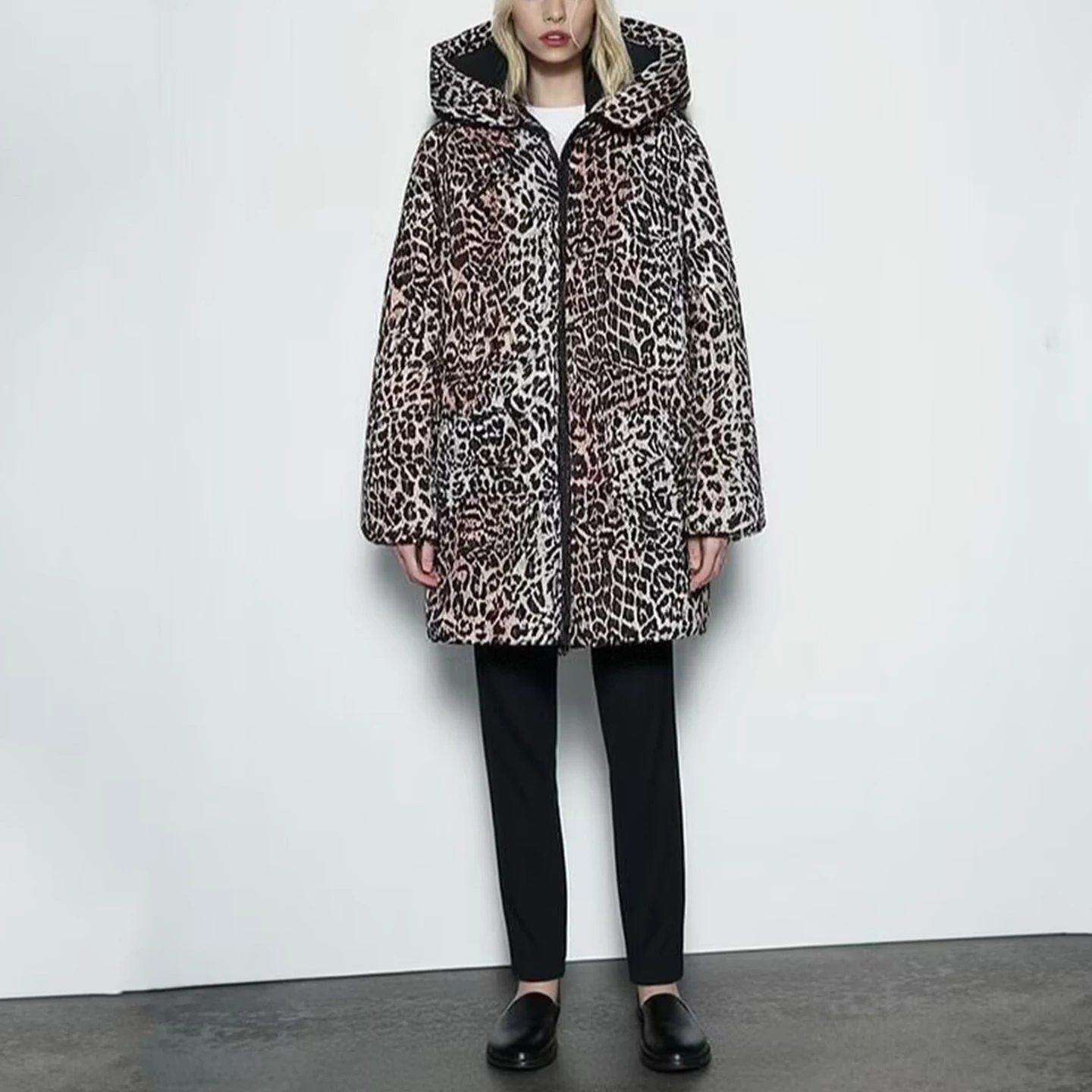 2025 Summer New Faion Women's Long Coat Leopard Print Warm Sli Cotton Jaet Z Commute Loose Fit Zipper Hooded