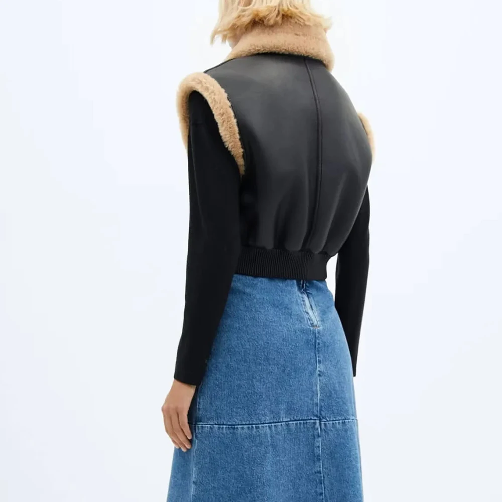 TWOTWINSTYLE Solid Minimalist Patchwork Zipper Jacket Vest For Women Lapel Sleeveless Spliced Pockets Temperament Coat Female