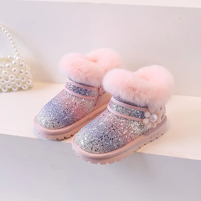 Girls Snow Boots 2023 Winter Toddler Kids Princess Fashion Brand Chelsea Ankle Boots Children Warm Fur Glitter Flower Pink Shoes