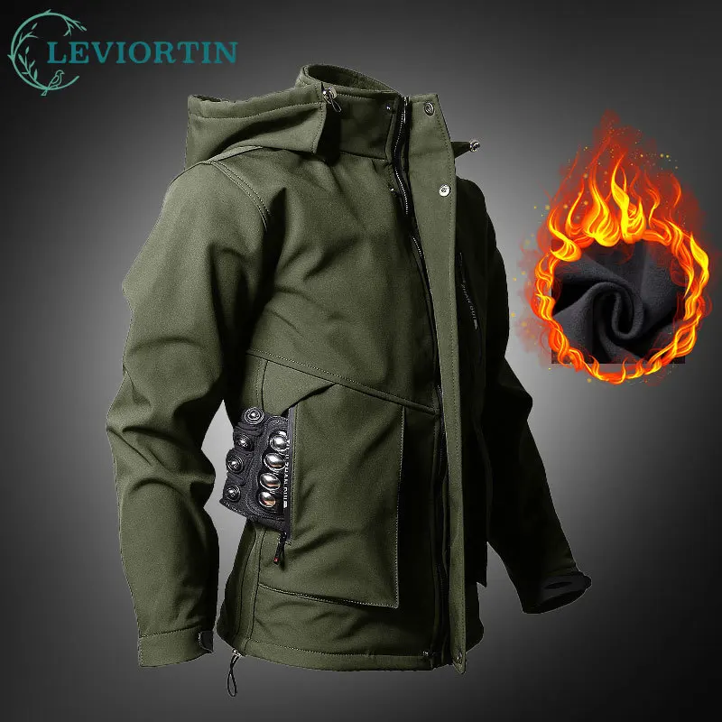 Winter Outdoor Mens Combat Sets Thicken Windproof Warm Tactical 2-pcs Fleece Multi Pocket Hooded Jacket+Cargo Pants Charge Suits