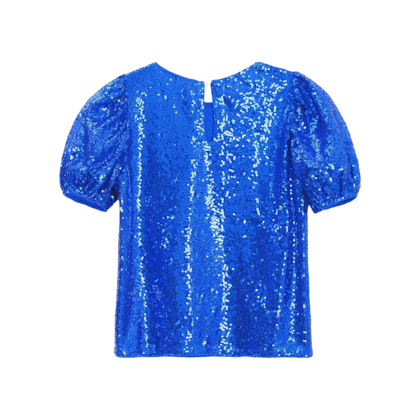 Kids Girls Shirt Shiny Sequins Short Puff Sleeves Top for Party Disco Jazz Dance Cheerleading Performance Competition Dancewear