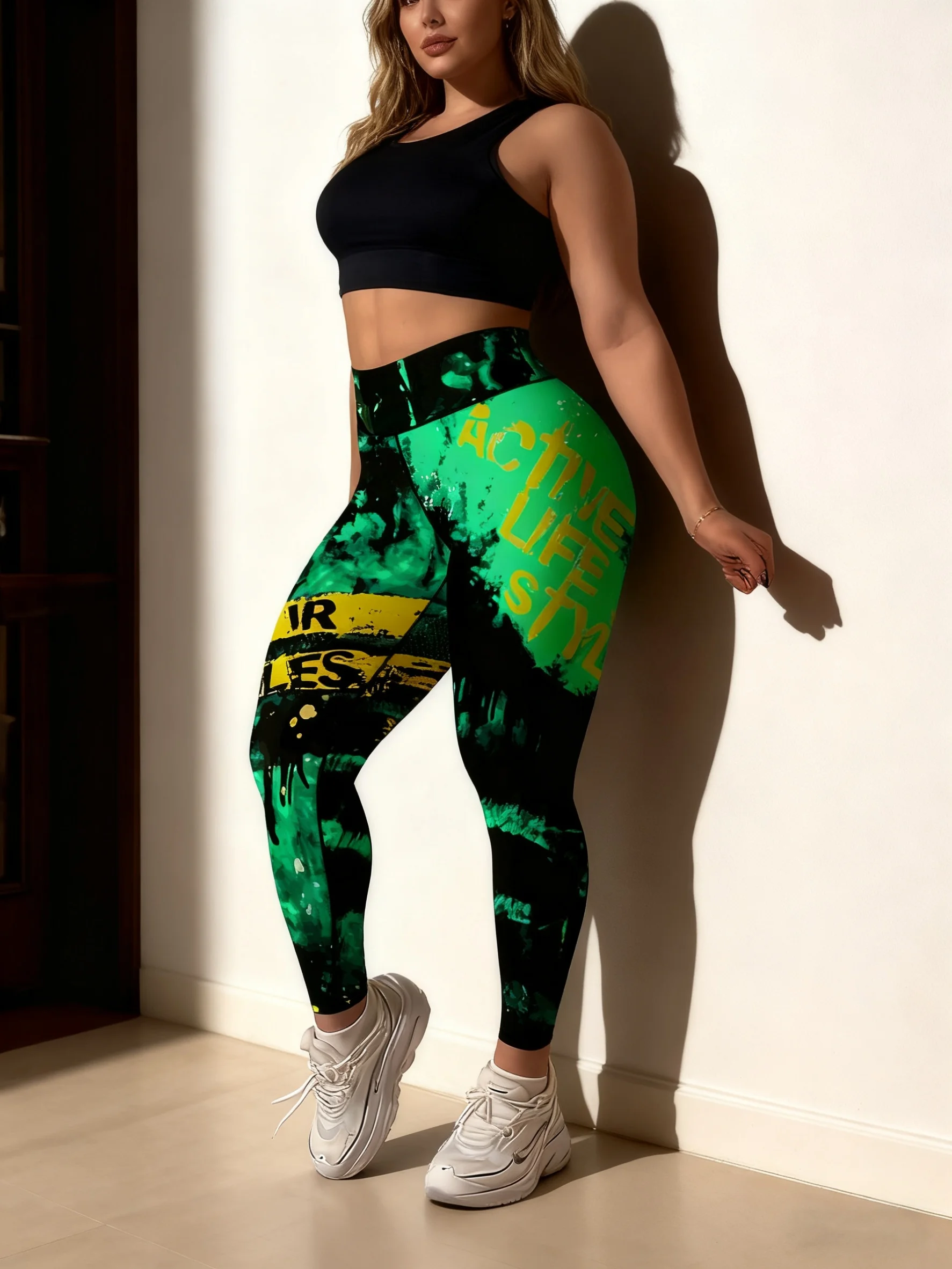 Women Mid‑Rise Fleece Lined Leggings Red Black Tie‑Dye Letter Print Warm Elastic Fitness Sport Pants