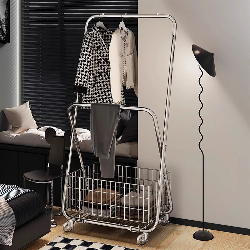 Foldable Rolling Clothes Rack Dual Bar Garment Hanging Rack with Large Mesh Storage Basket for Bedroom Small Apartment Entryway