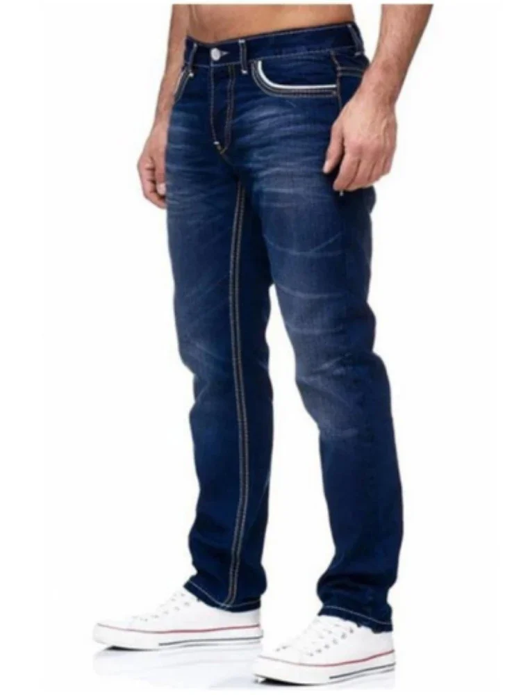 

Men Simple Classic Jeans Slim-fit Double-line Solid Bleached Washed Mid-rise Denim Casual Trousers Street Long Pencil Pants