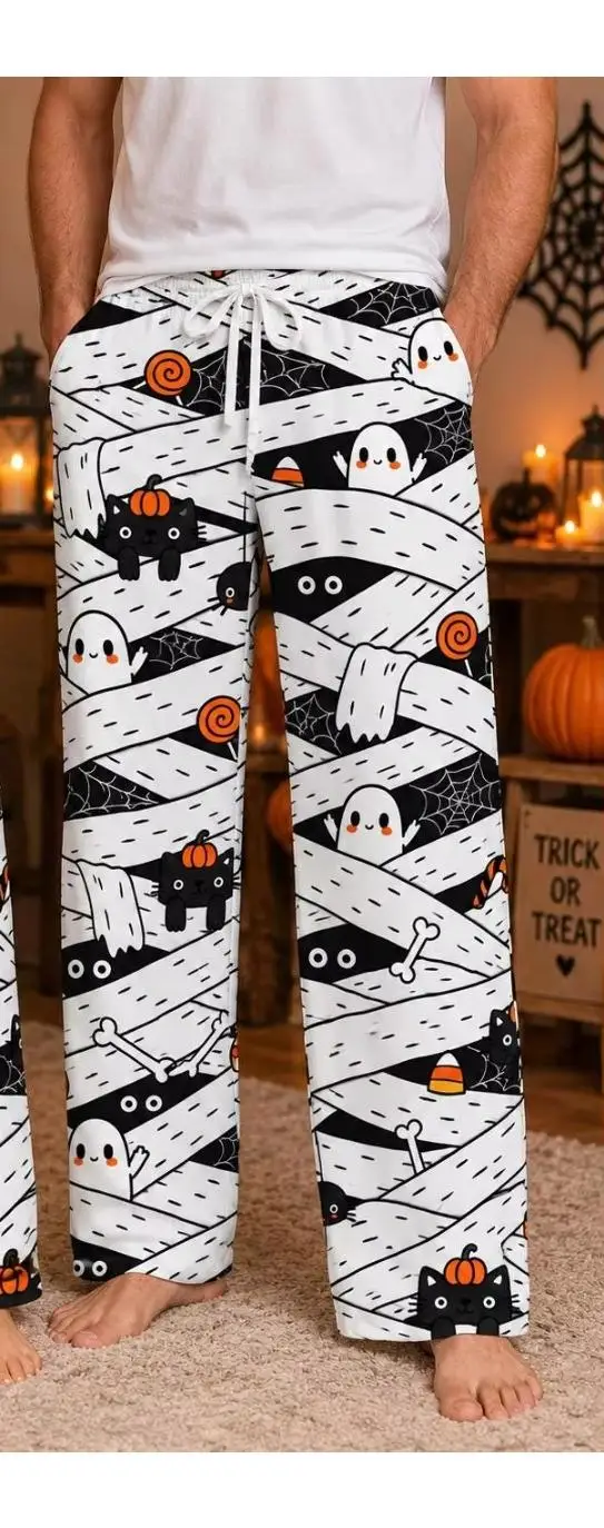 Halloween Couple Lounge Pants Polyester 3d Print Mummy Bandage Ghost Black Cat Pumpkin Pattern Loose Casual Home Sleep Trousers