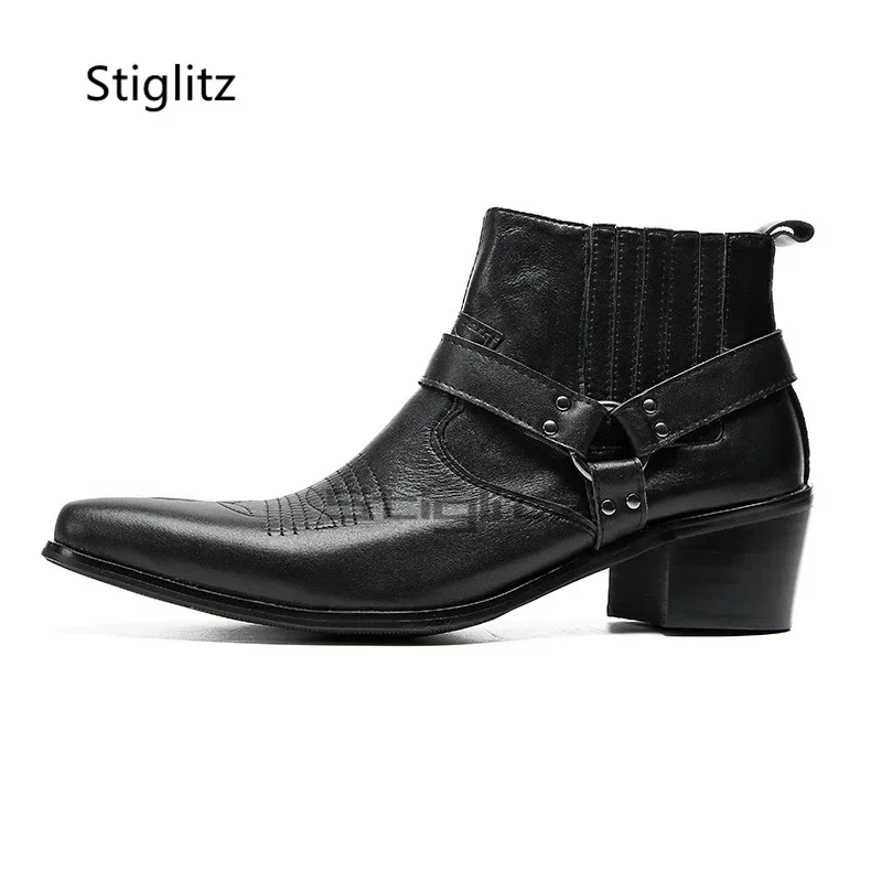 Black Leather Embroidery Men's Boots High-Heeled Slip On Chelsea Boots Pointy Toe Stylish Breathable Business Dress Shoes
