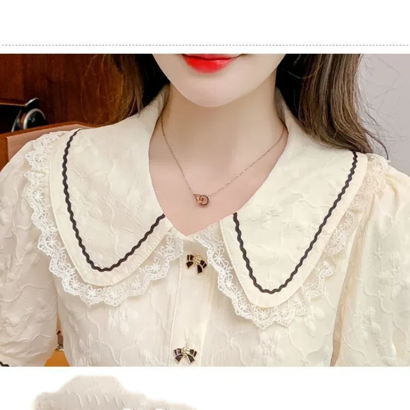 Summer Women\'s Pullover Solid Color Chiffon Button Lace Patchwork Short Sleeve Peter Pan Collar T-shirt Elegant Casual Tops