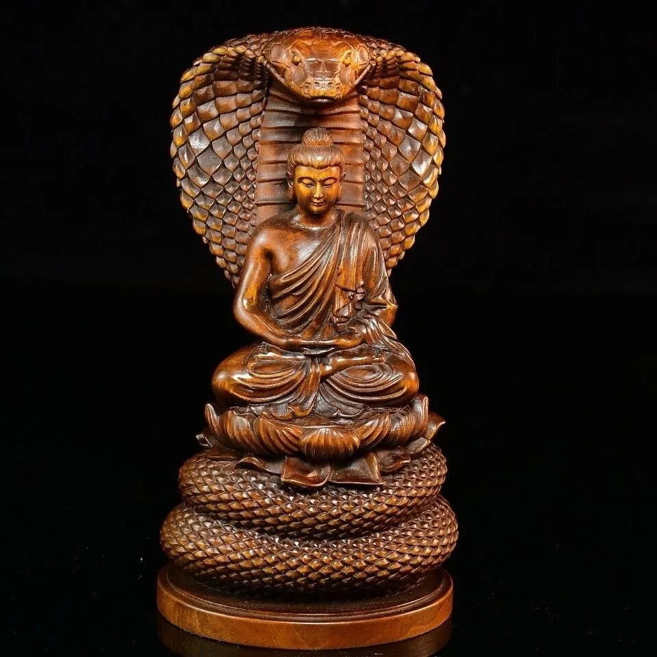 Old Boxwood Carved Snake Buddha Serpent Statue Buddhism Sculpture Decor
