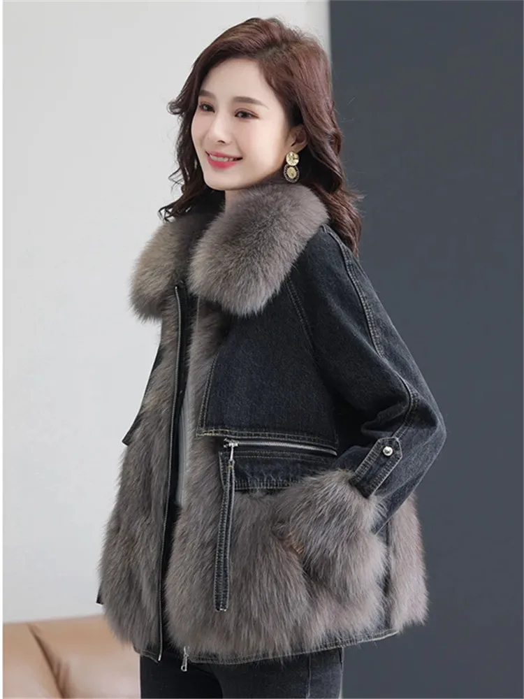 Denim Patchwork Faux Fur Women\'s Jackets Fashion Zipper Design Thick Short Parka Coat Streetwear Winter Chaquetas Para Mujeres