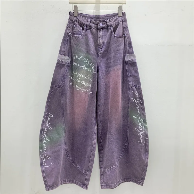 WTHT Trendy Women Graffiti Design Patch Pocket Cargo Denim Pants Summer 2026 Fashion Gradient Washed Casual Jeans Female 1LS3092