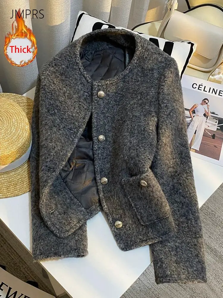 Vintage Warm Faux Woolen Coat Women Winter Thick Long Sleeve O Neck Elegant Slim Jacket Retro Female Single Breasted Pocket Top