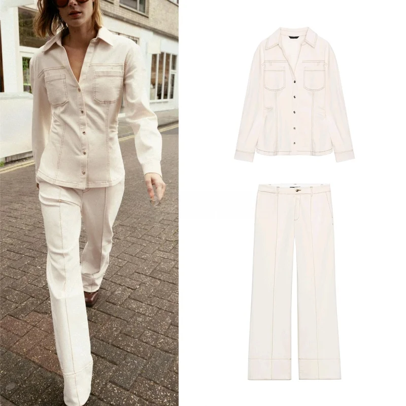 Slim Fit Longo Sve Gola Denim irt Cintura Alta Zíper Decorado Costurado Bell Bot Conjunto de Duas Peças Casual Sle Inverno...