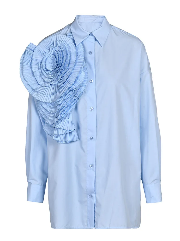 ZMEENNA Camicia abbottonata oversize da donna con design unico sulla spalla con volant a pieghe Manica lunga Vestibilità ampia Elegante ed elegante ZM754