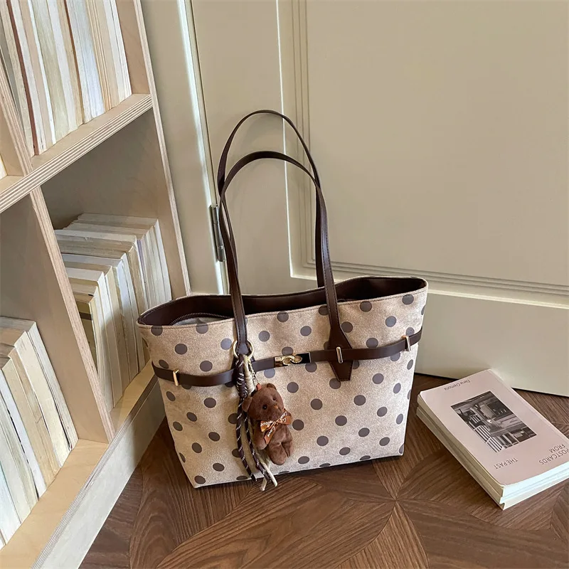 Teddy Bear Plush Wave Point Tote Bag New Trendy Large Capacity Shoulder Work Commuting Handbag Uni Ita Korean City Bag