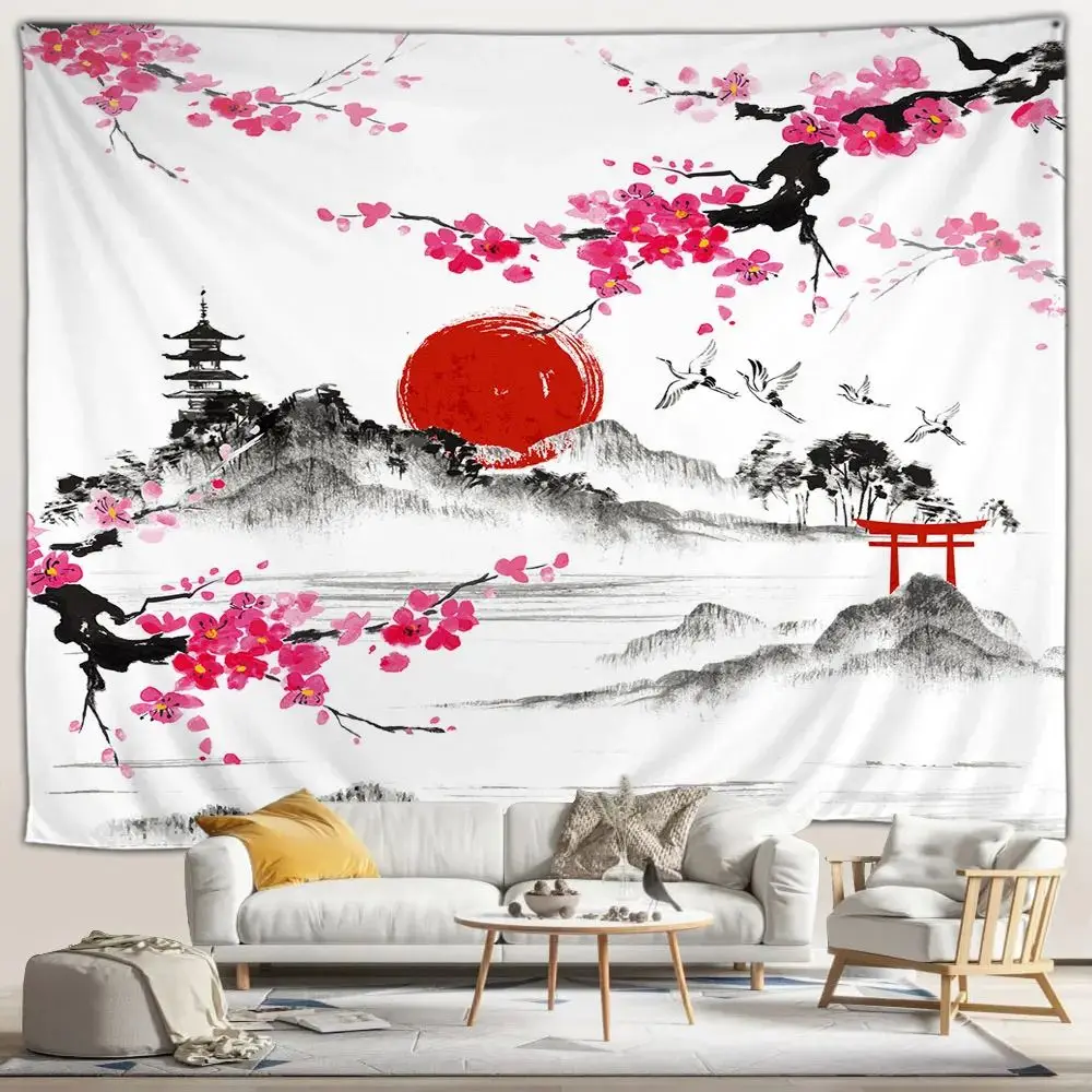 VIKAMA Japanese Cherry Blossom Tapestry Misty Landscape Chinese Architecture Wall Hanging for Living Room Bedroom Decor