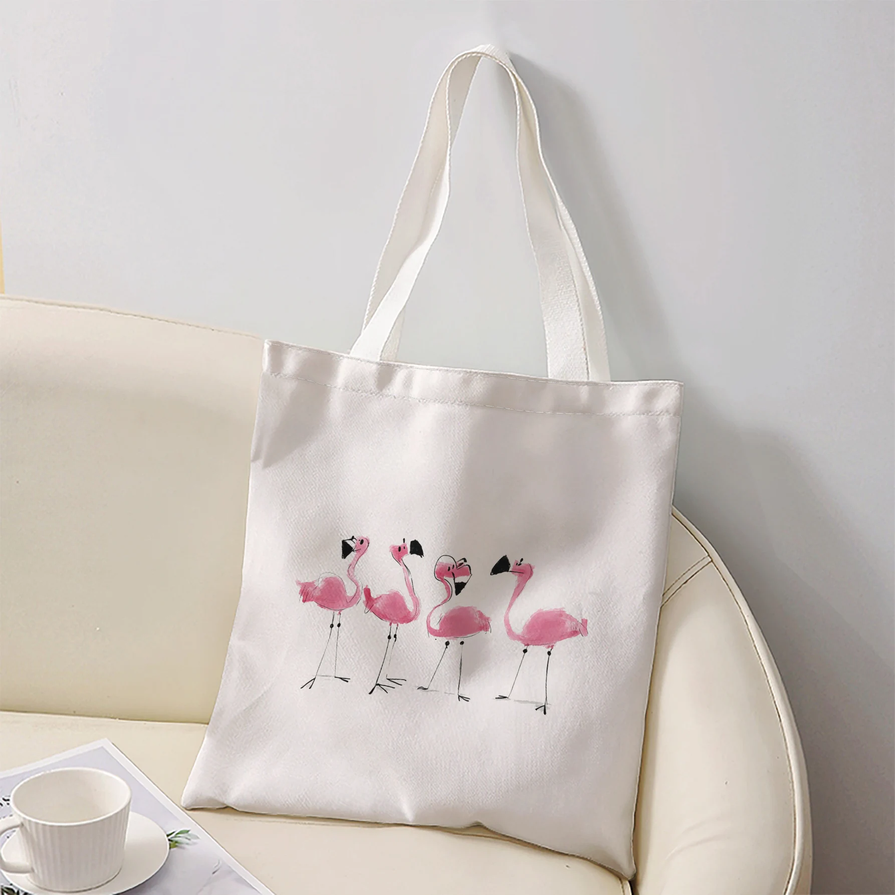 Four Pink Flamingos Ink Painting Print Tote Bag Large Shoulder Handbag For Shopping Daily Commute