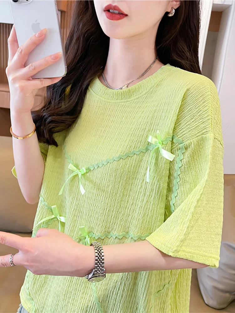 

Летний модный элегантный свежий зеленый топ для отдыха, милая мягкая простая футболка с галстуком-бабочкой для девочек, свободная футболка с короткими рукавами и круглым вырезом