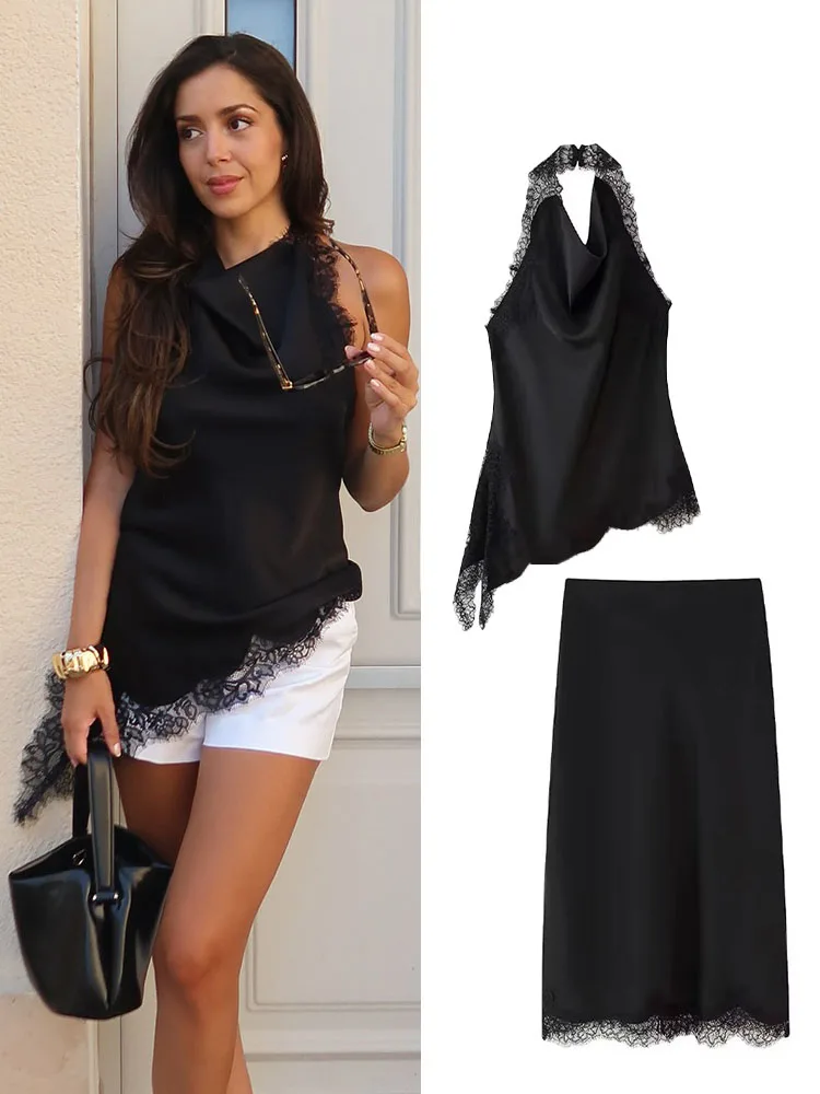 

HH Women Fashion Versatile Halter Neck Lace Sleeveless Backless Top+Mid-Waist Zipper Silk Satin Textured Hem Slit Skirt Suit