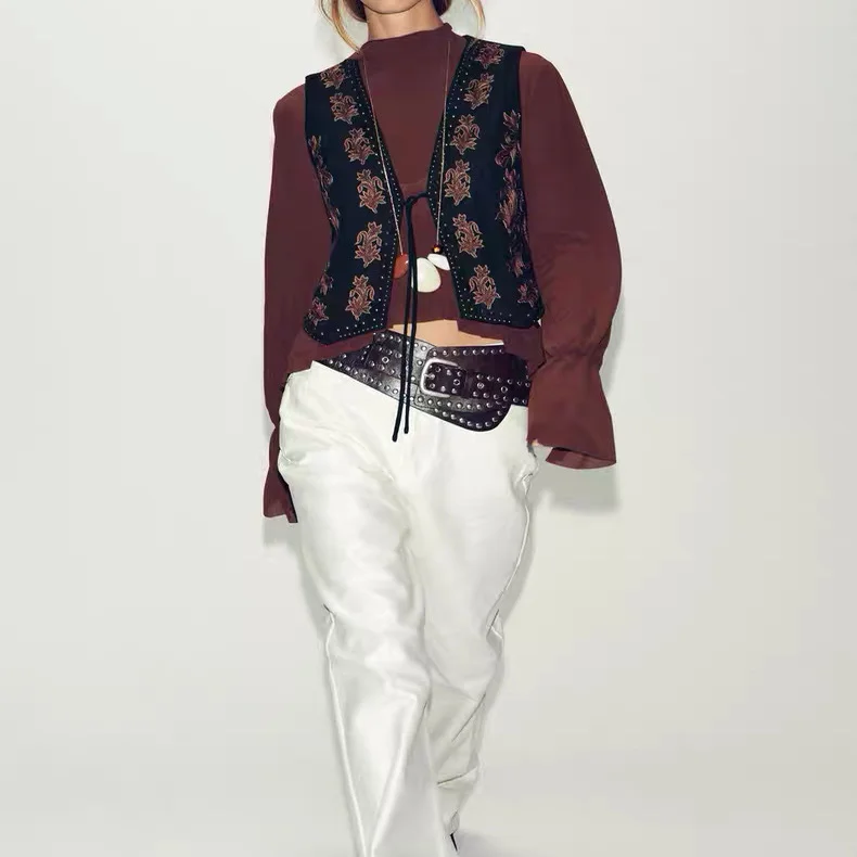 

Универсальный утягивающий жилет из искусственного бархата в стиле ретро с вышивкой, дизайн с эффектом 4342 800, для поездок на работу, V Ne, стандартная длина с поясом