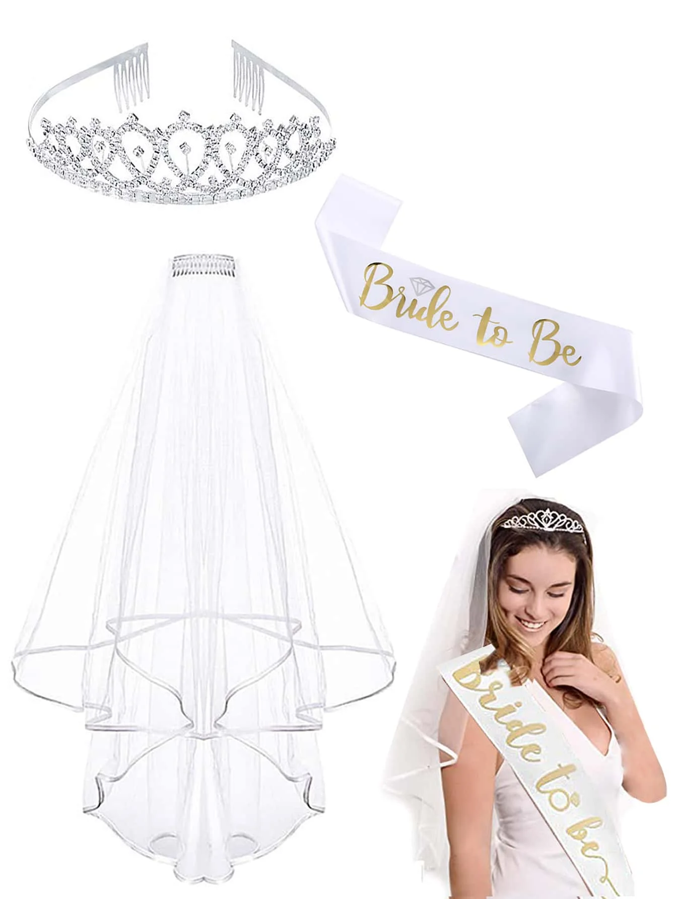 Hen Party Bride to Be Set Include Bride to Be Sash,Bridal Veil with Comb,Rhinestone Tiara for Bride Shower,Wedding,Bachelorette