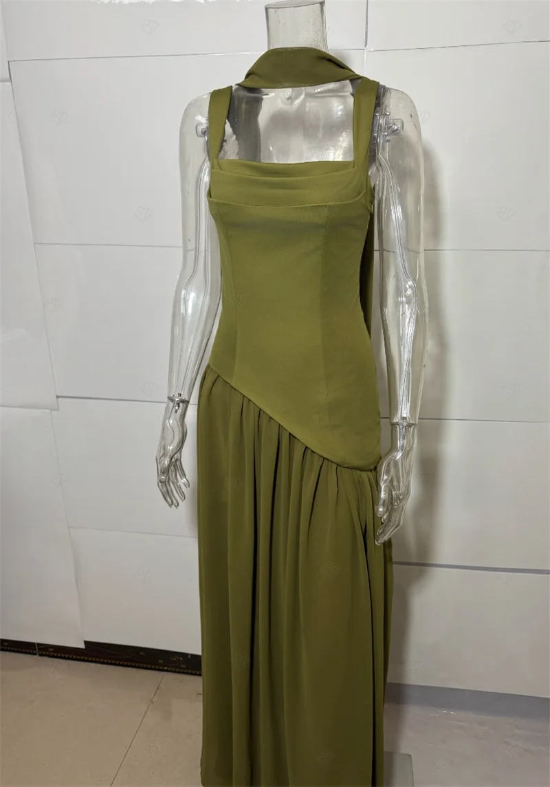 Abito da ballo con sciarpa lunga Verde scuro Nero Guaina sexy senza maniche Abito da sposa con lacci sul retro Abito da compleanno per matrimonio formale per ospiti