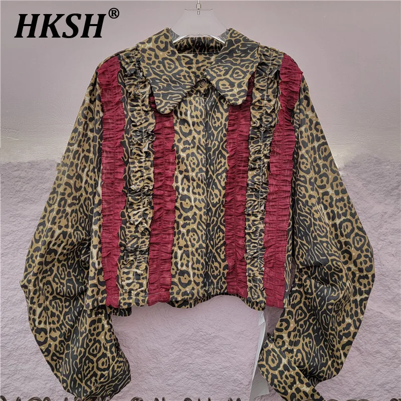 HKSH 2024 Autumn New Women Stylish Fashion Temperament Spliced Color Contrast Lace Bubble Long Sleeve Leopard Print Shirt HK3225