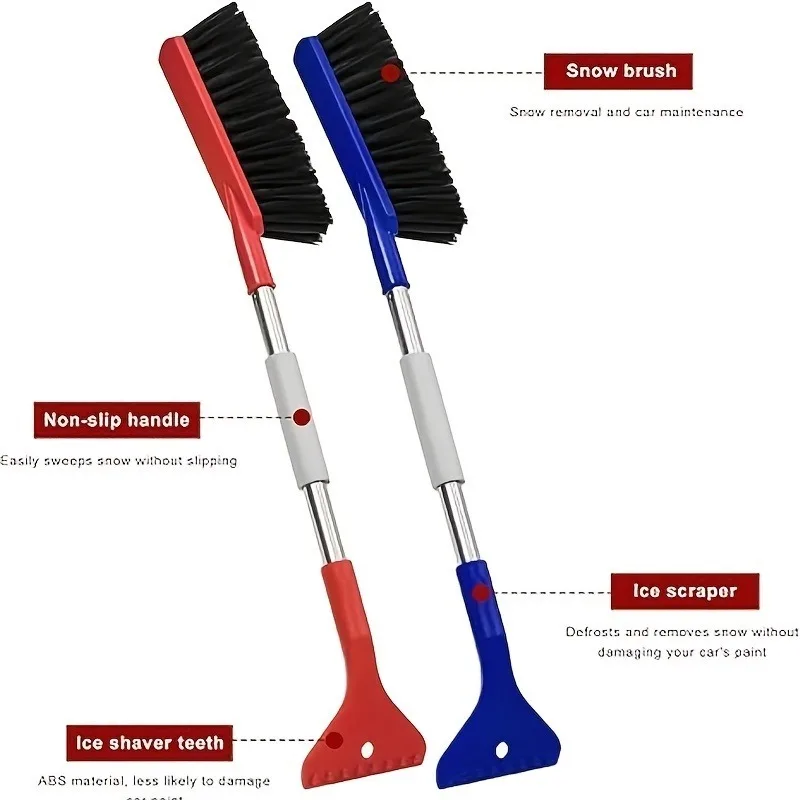 2-in-1 Multifunctional Ice Scraper Extendable Aluminum Quick Clean Snow Shovel Extra-long Universal Design Car Snow Brush