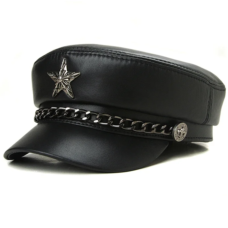 

Real Leather Captain Sailor Caps Men High Quality Cowhide Flat Top Badge European Fashion Cosplay Performance Gorra Military Hat