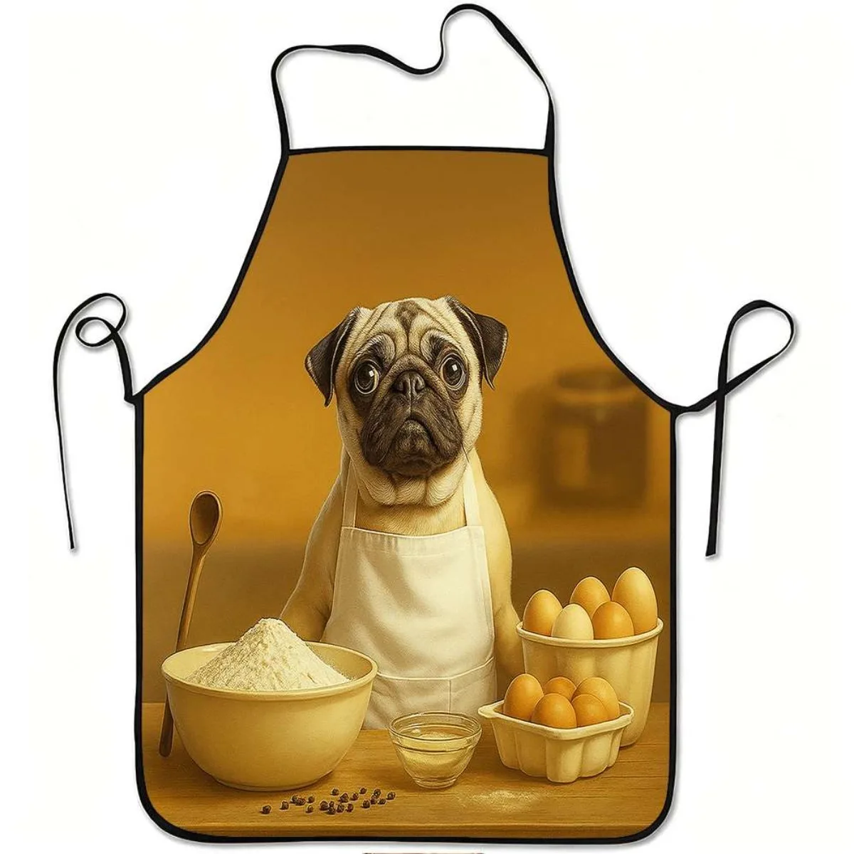 Funny Pug Chef Apron, Cute Dog Baking with Eggs Flour Art, Pet Lover Kitchen Decor, Gift for Dog Mom Dad, Washable Bib