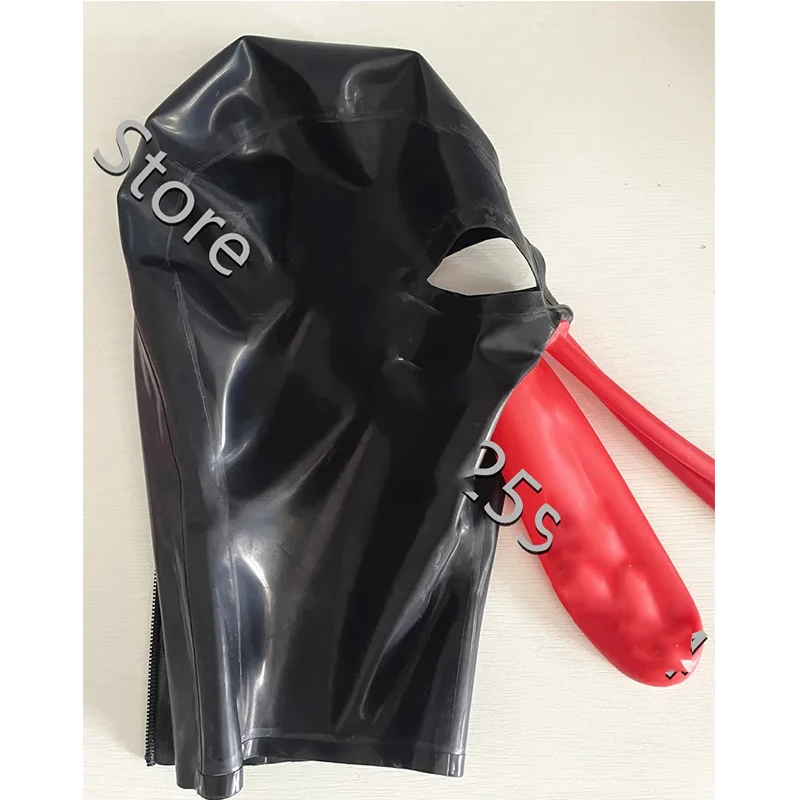 

Latex Fetish Hood Open Eye Sexy Rubber Mask with Red Mouth Long Nose Tube Back Zipper Handmade