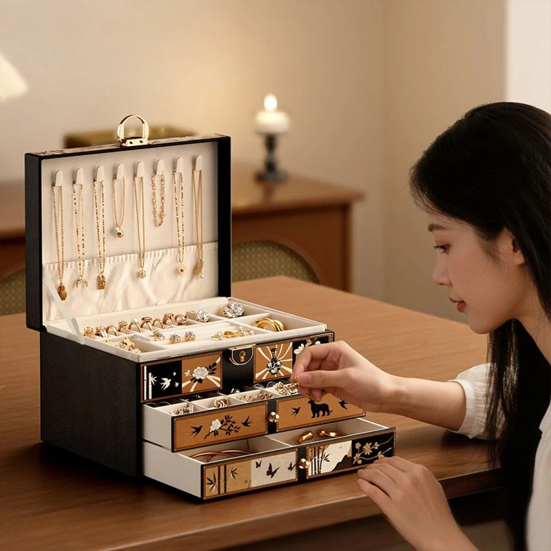 Jewelry Box Multi Layer Lockable Organizer PU Leather Soft Velvet Drawers for Earrings Rings Necklaces Wedding Gift Storage