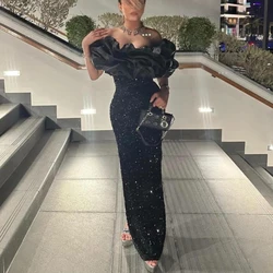 Flechazo Off the Shoulder Sheath Evening Dress Shiny Sequins Velvet Floor Length Short Sleeves Open Back Women Party Gowns