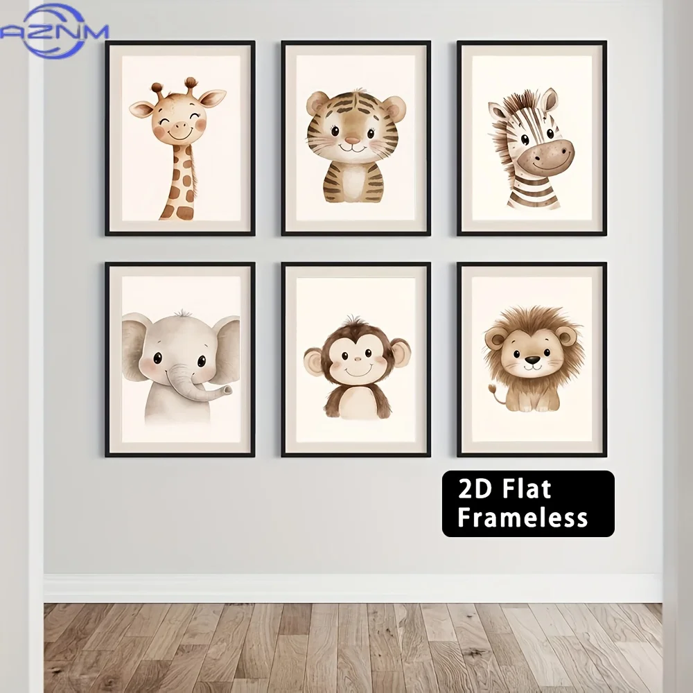 6pcs Frameless Cute Jungle Lions, Giraffes, Elephants, Monkeys, Tigers, Zebras, Animals, Wall Art, Printed Canvas, Wildlife Park