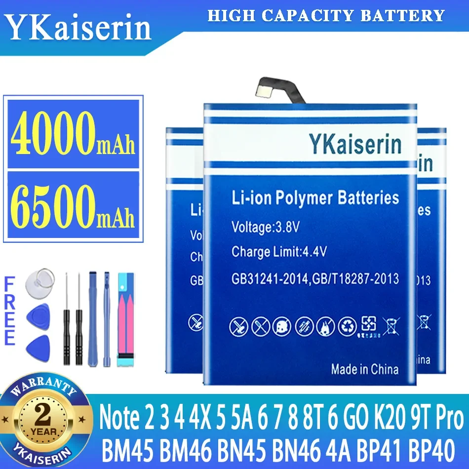 BN 45 46 YKaiserin Battery For Xiaomi Redmi Note 2 3 4 4X 5 5A 6 7 8 8T 6 GO K20 9T Pro MI 9TPro BP 41 40 Bateria + Track Code