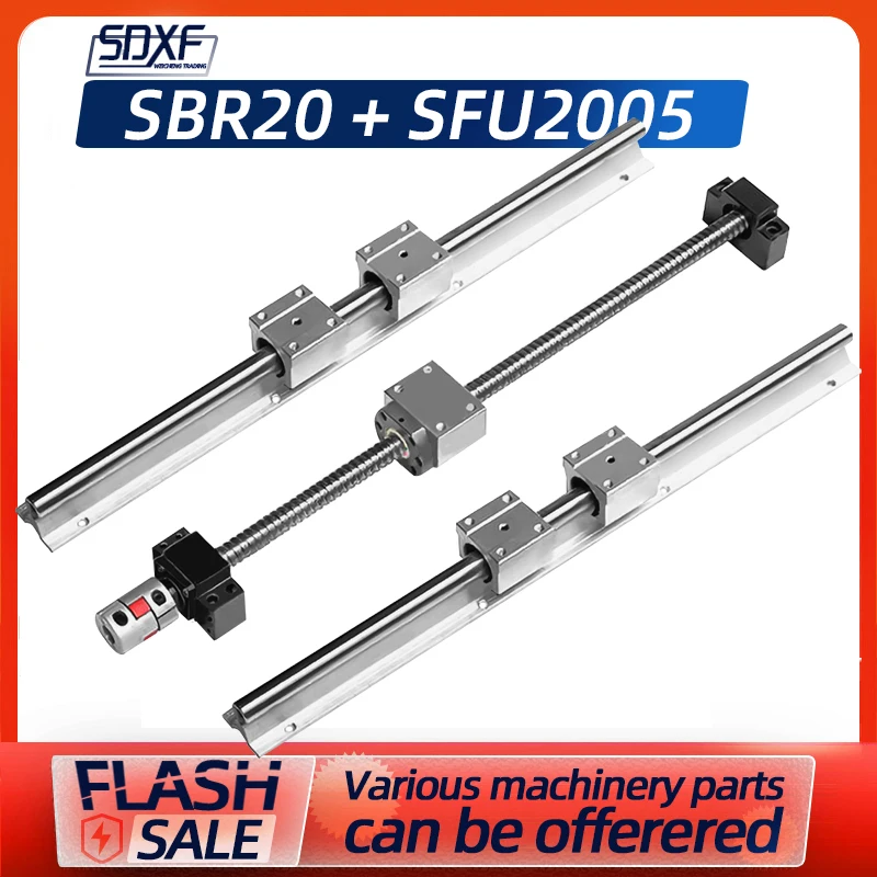 2pcs SBR20 Linear Rail+SFU2005 Ball Screw Any Length+2005 Nut +BKBF15 End Support+Coupling +2005 Nut Housing+4pc SBR20UU For XYZ