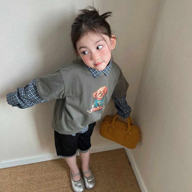 

Girls Spring 2026 New Sweater Real Two-piece Children's Long-sleeved Top Denim Five-point Pants Three-piece Set