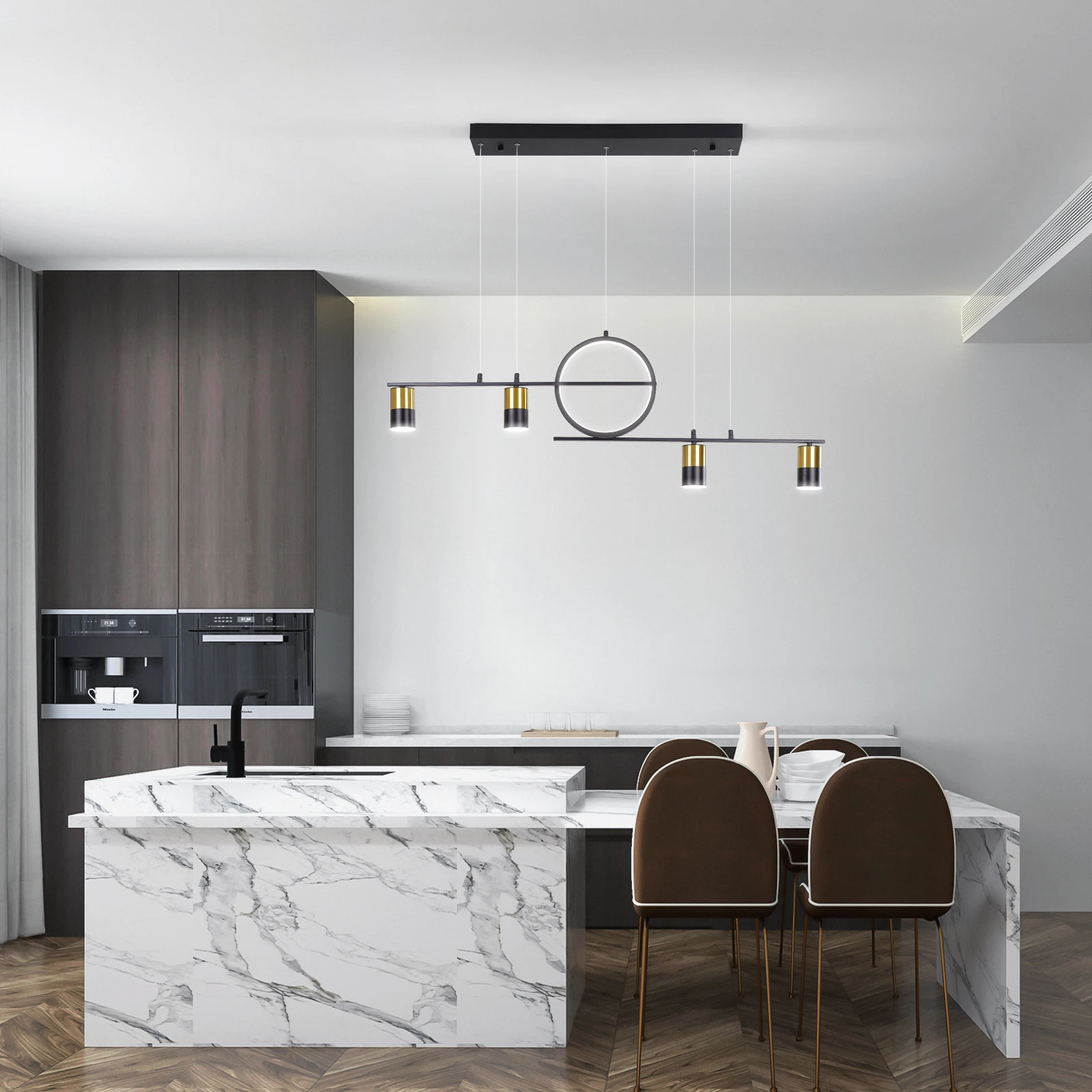 Dimmable LED Pendant Lighting, Creative Linear Pendant Light Fixture, Modern LED Chandelier with Remote Control, Black and Gold