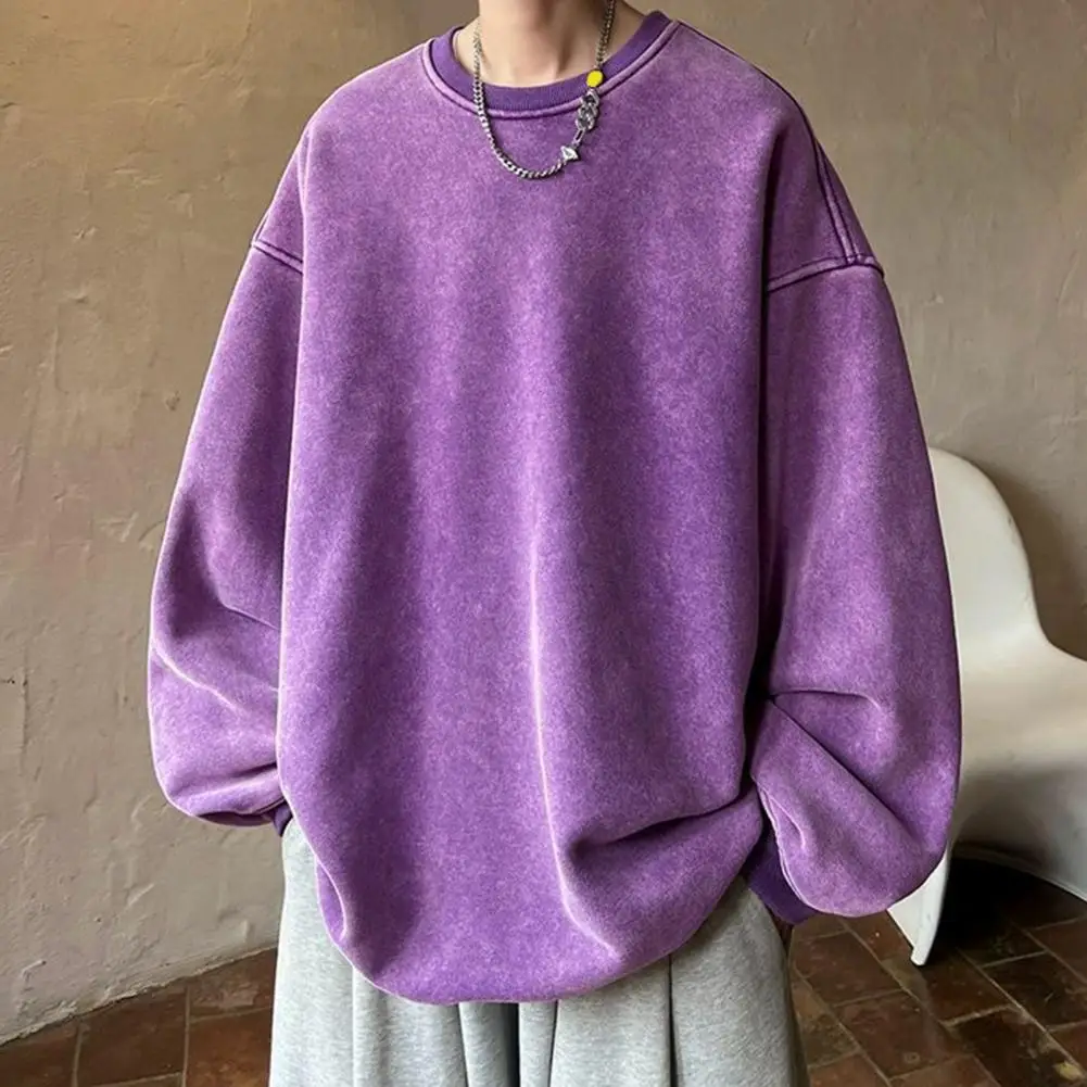 

Long-sleeved T-shirt Vintage Loose Solid Color Men's Sweatshirt Warm Pullover for Fall/winter Spring Mid-length Streetwear