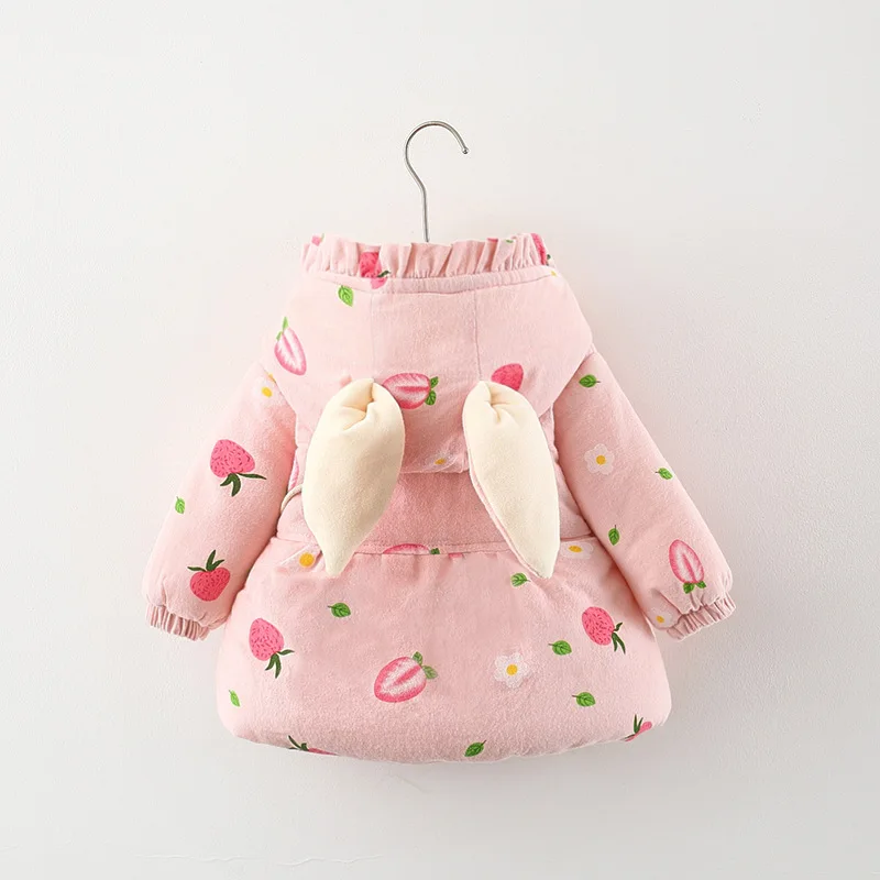 Irls\' Winter New Coat Thickened Hoodie Strawberry Printed Rabbit Ear Cotton Coat Comes with Bag