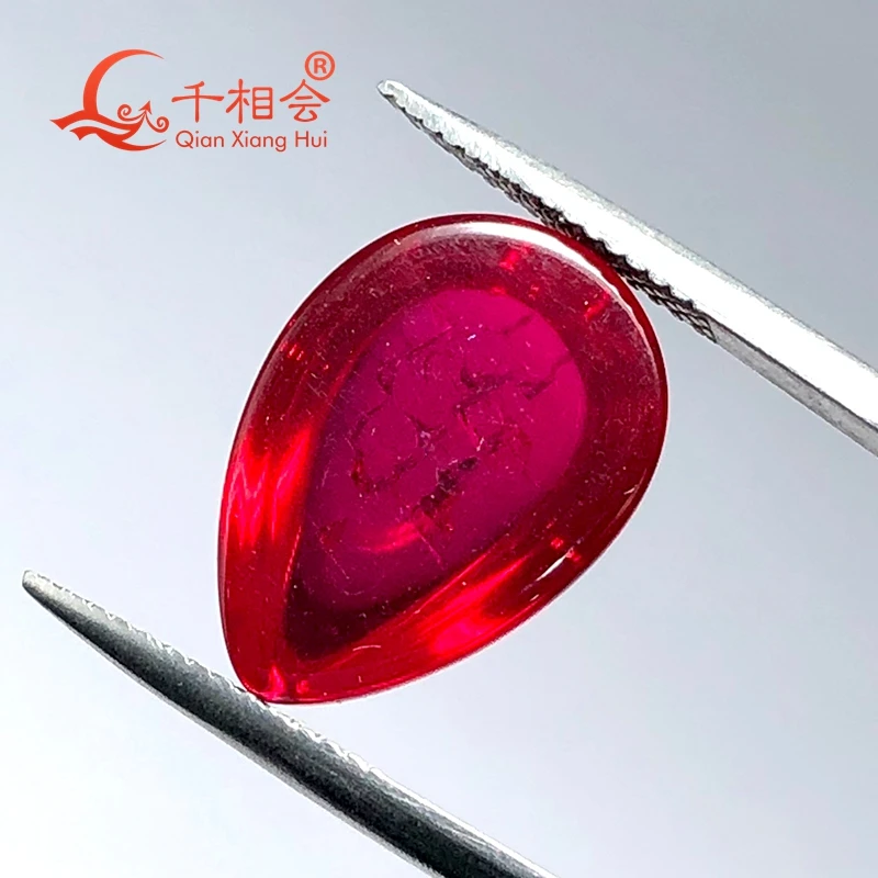 flat back cabochon Pear shape lab grown red ruby  including minor cracks and inclusions corundum loose corundum gem stone