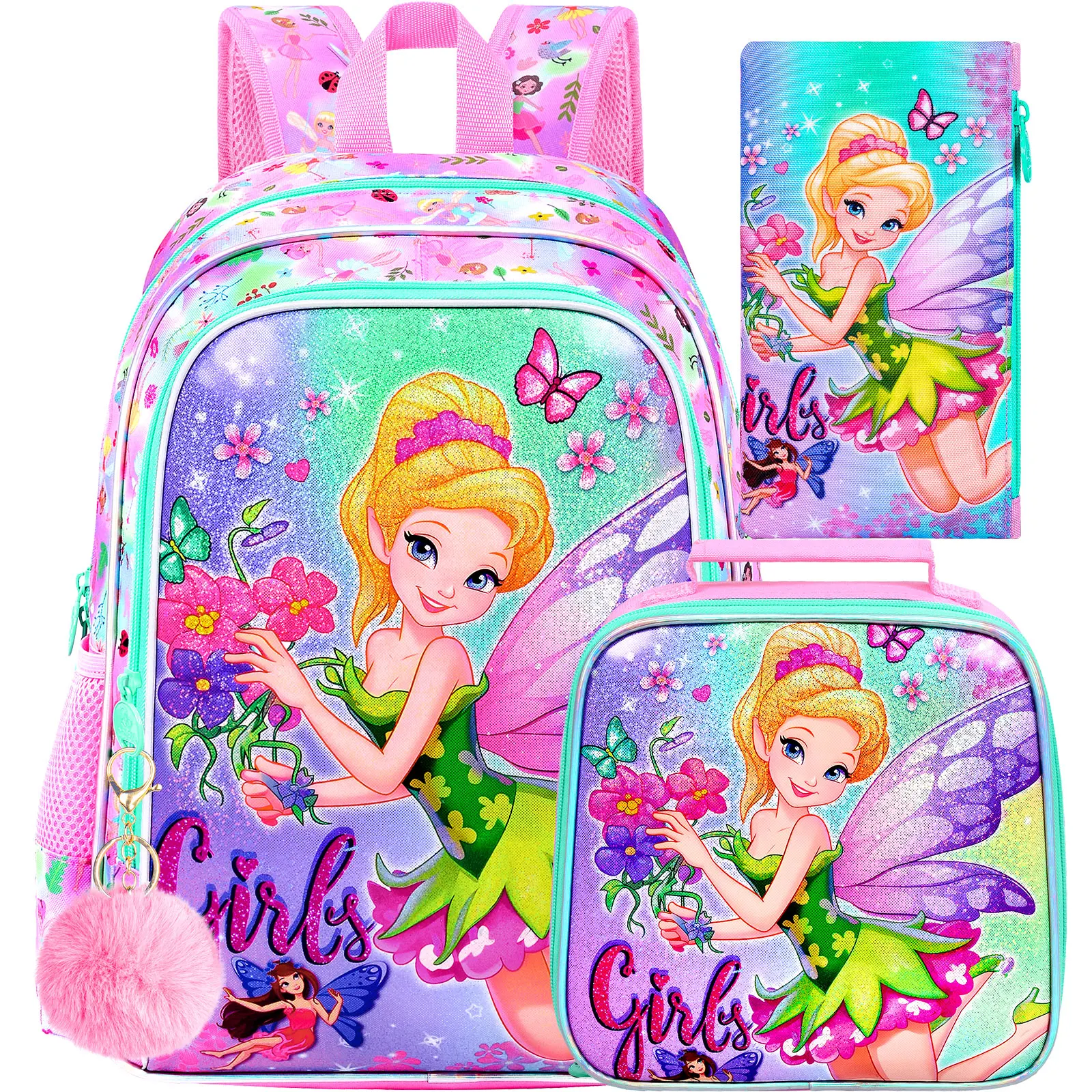 

3PCS Unicorn Backpack for Girls, 16" Kids Bookbag with Lunch Box, Water Resistant Elementary School Bag for Prechool Toddler