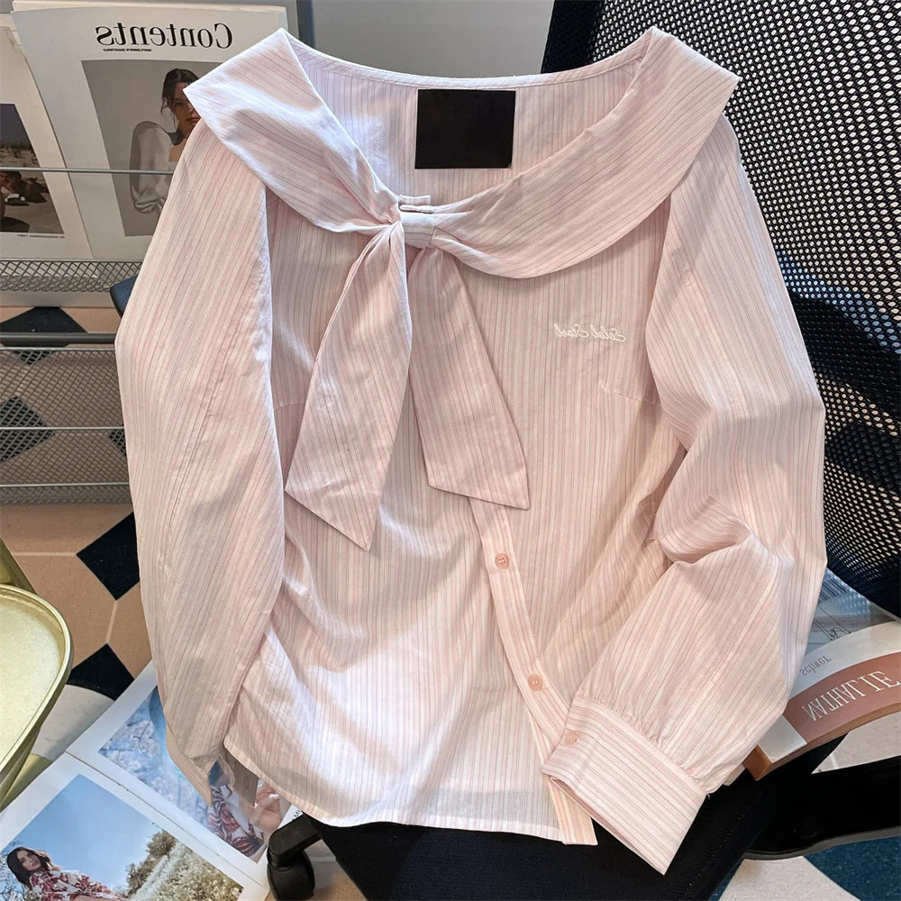 2026 New Pink Striped Off Shoulder Shirt Tie Waist Asymmetric Placket Long Sleeve Blouse Men Women Spring Fall Elegant Top