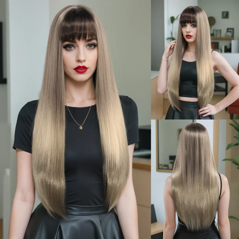 

European and American style long straight hair for women with bangs, gradient color realistic wig, high-temperature syntheti
