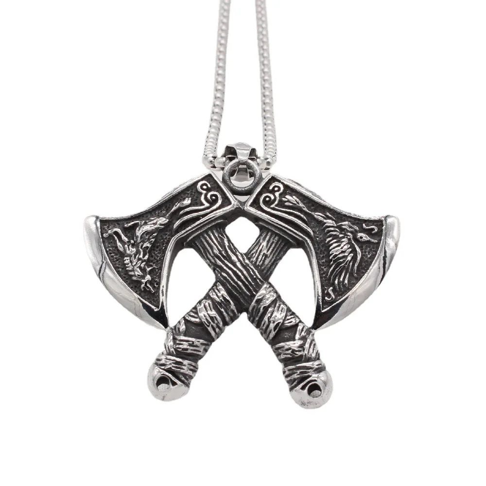 NORRON Rune Relief Viking Battle Axe Alloy Pendant Necklace Personality Retro Men Metal Guillotine Pendants Fashion Jewelry