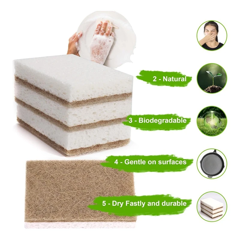 Eco-Friendly Natural Sponges For Dishes 12 Pack - Biodegradable Kitchen Sponge With Compostable Coconut Scrubber