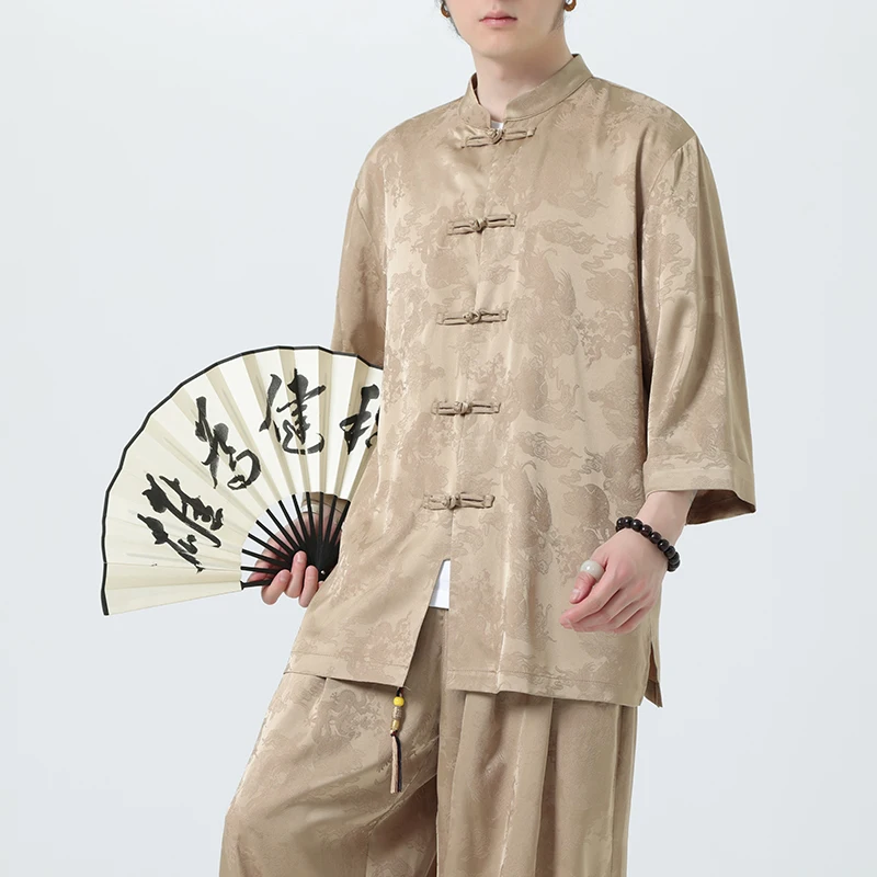 M-5XL Men Autumn Chinese Style Shirt Top Mandarin Collar 3/4 Sleeve Shirt Traditional Kung Fu Tai Chi Shirt Tang Tops Uniform