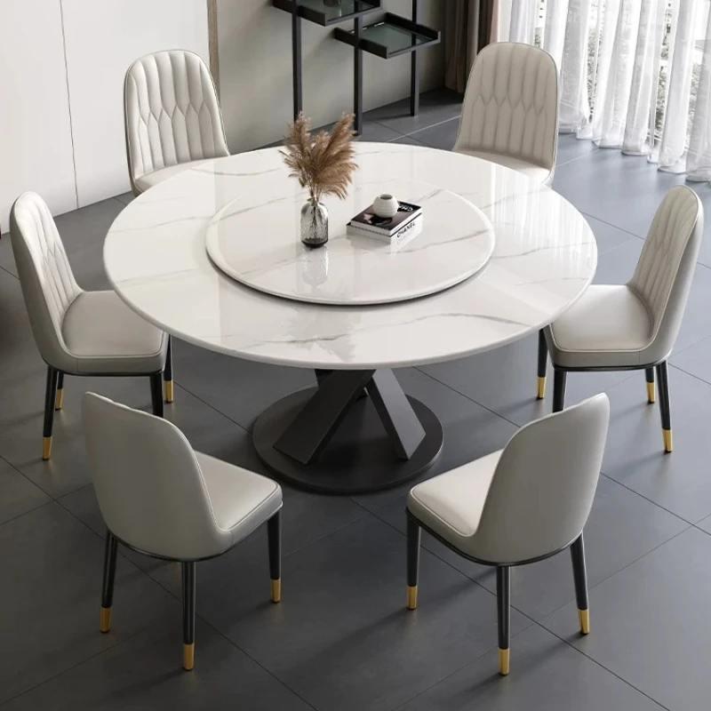 Modern Luxury Glossy Stone Round Eating Furnish Built-In Rotating Tray Dining Desk with Gold Leg Leather Apartment Family Decor